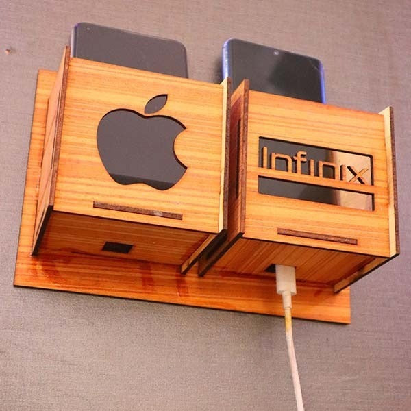 Wall Mounted Wooden Mobile Charging Holder – Phone & Charger Organizer for Home & Office