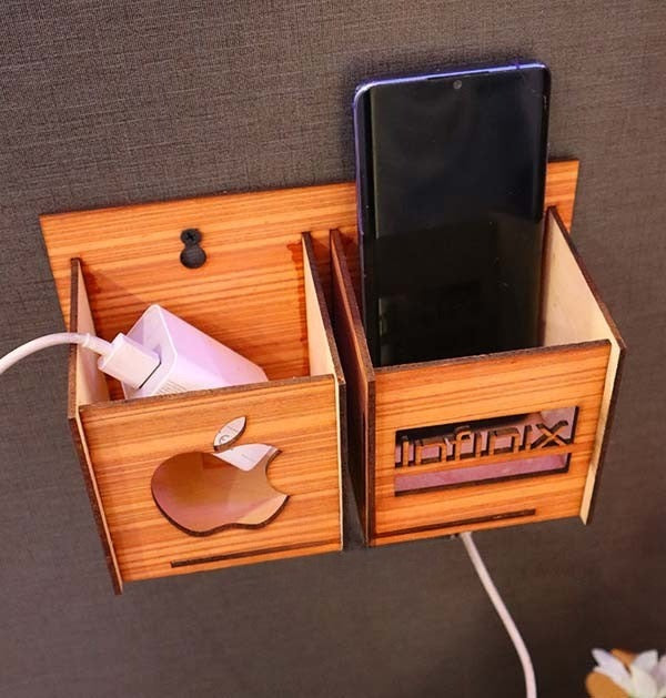 Wall Mounted Wooden Mobile Charging Holder – Phone & Charger Organizer for Home & Office